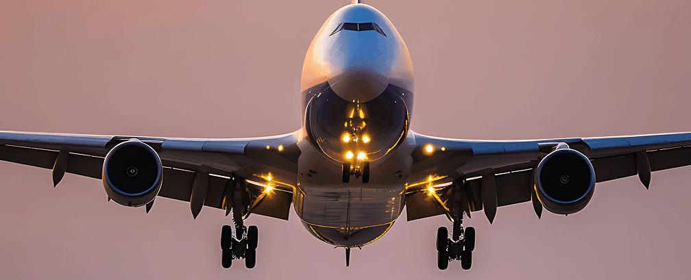 Private jet approaching head-on with landing lights illuminated at dusk